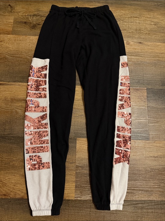 PINK Victoria's Secret Pants - PINK Victoria's Secret Black Joggers with Rose Gold Sequin Lettering